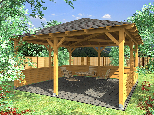 Altán Atelier 450x450_vizualizace - Zahradní altán Ateliér s plnou lamelovou zástěnou.