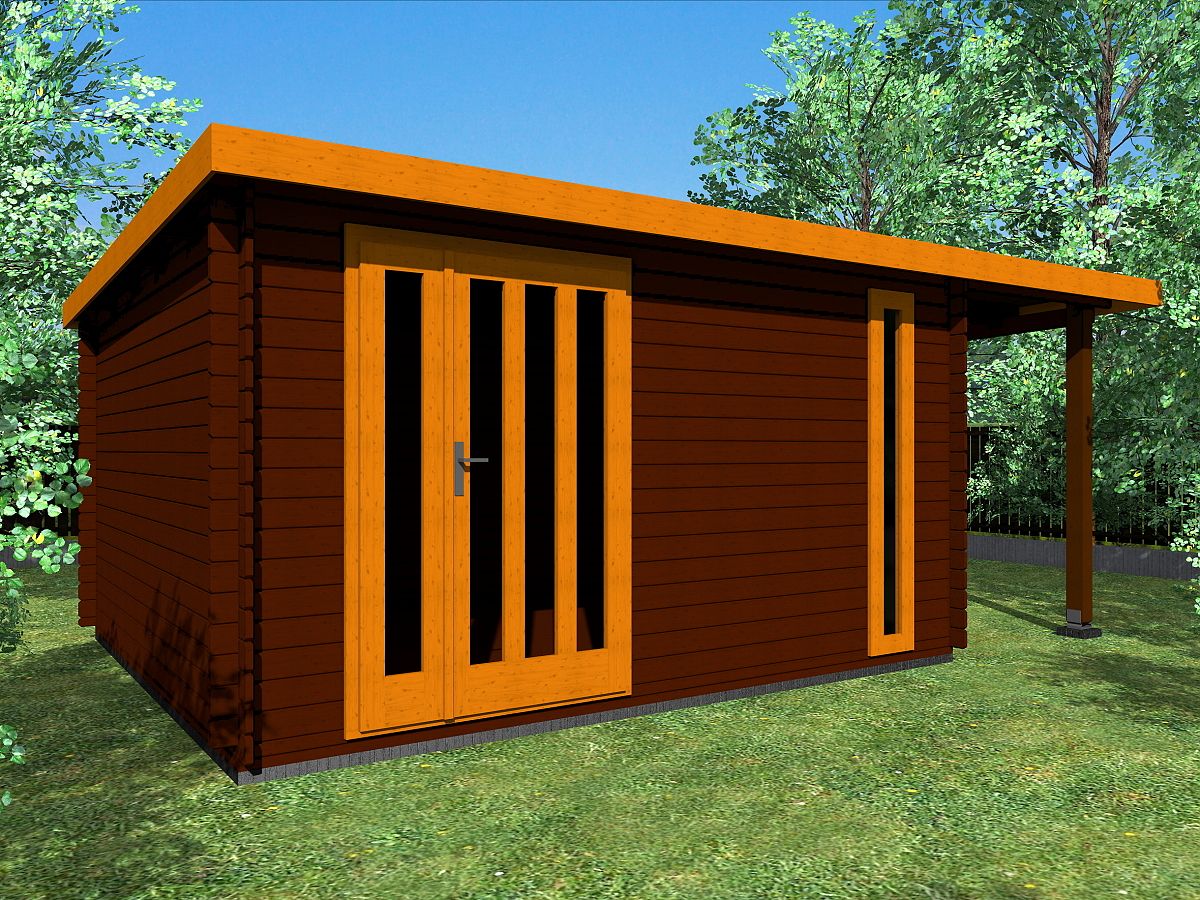 Moderní dřevěné domky - Evald DD 400x300 33 mm + přístřešek